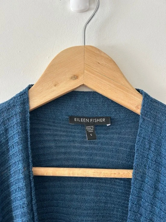 EILEEN FISHER Blue Ribbed Open-Front Cardigan | Soft Wool | Small - Picture 2 of 4